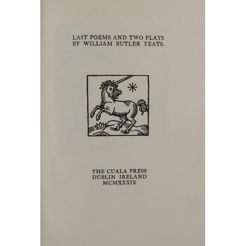 288 - Cuala Press: Yeats (Wm. Butler) Last Poems and Two Plays, Dublin 1939. Lim. Edition 500 Co... 