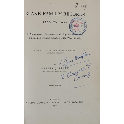 448 - Genealogy: Blake (Martin J.) Blake Family Records 1300 - 1600 and 1600 - 1700, 2 vols. roy 8vo Lond.... 