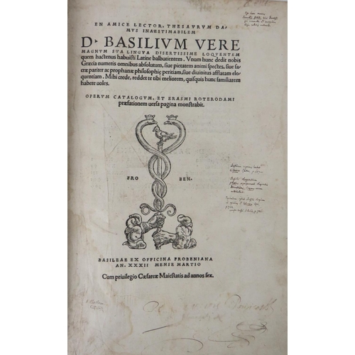 468 - Early Printing by Froben: En Amice lector. Thesaurum damus inaestimabilem D. Basilium Vere nagnum su... 