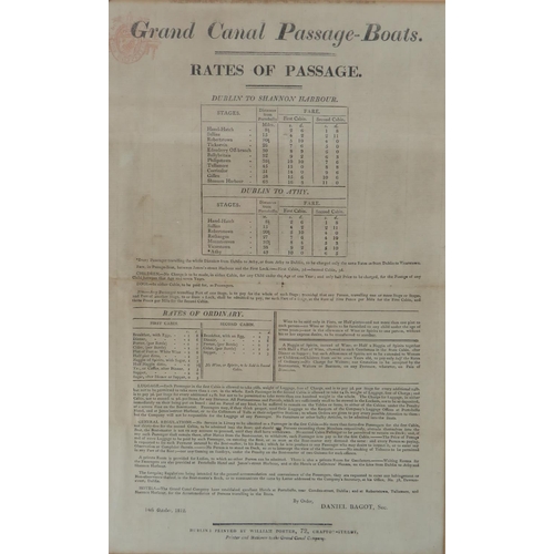 504 - Grand Canal: Poster: Bagot (Daniel) Commissioner, Grand Canal Passage Boats - Rates of Passage, a br... 