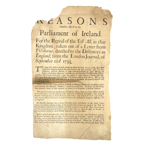 509 - Broadside:  Reasons Humbly offered to the Parliament of Ireland, For the Repeal of the Tes... 