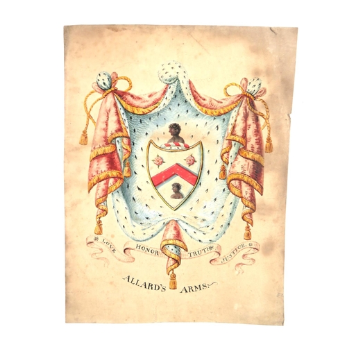 510 - Watercolour: Allard's Arms, Attractive coat of arms, motto 'Love - Honor - Truth & Justice,... 