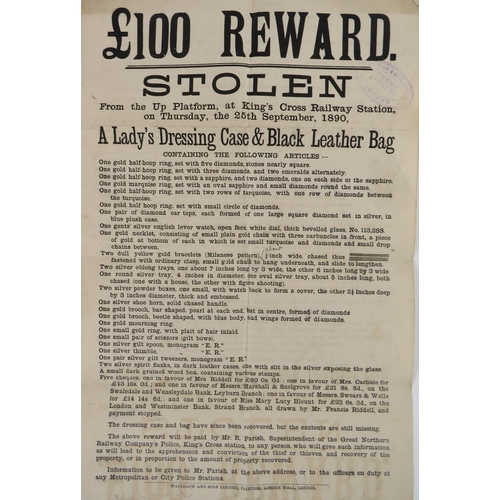 518 - Lady Gregory's CopyBroadside Poster:  £100 Reward, Stolen From the Up Platform, at King's Cross Rail... 