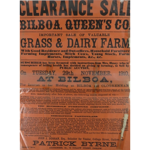 524 - Co. Laois:  Queen's County - Broadside, Auction Poster, Bilboa and Clogrennan, 29th November 1910 fo... 