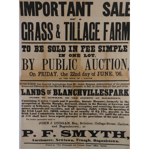 525 - Co. Kilkenny: Broadside, 1906 Auctioneers Poster for 20 acres of grass and tillage farm at Blanchvil... 