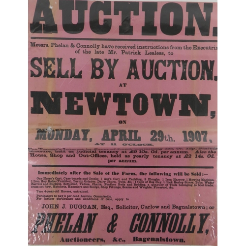 528 - Co. Carlow: Broadside - 1907 Auction Poster, Newtown, Co. Carlow, 13 acres with house and shop and o... 