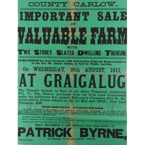 529 - Co. Carlow: Broadside, Auction Poster. Graigalug (Nurney, Co. Carlow) Valuable 47 acre Farm and two ... 