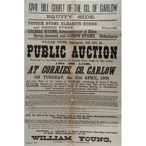 530 - Co. Carlow: Broadside, Auction Poster, Corries, Co. Carlow, 21st April 1908 sale of 61 acres, 