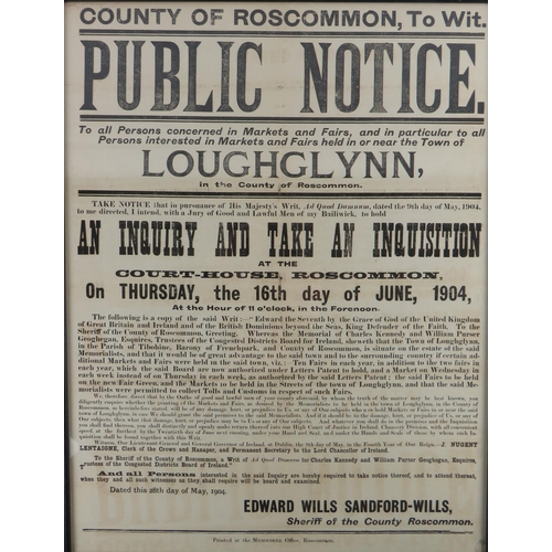 531 - Markets & Fairs in LoughglynnCo. Roscommon:  Large printed Poster, Public Notice To All concerne... 