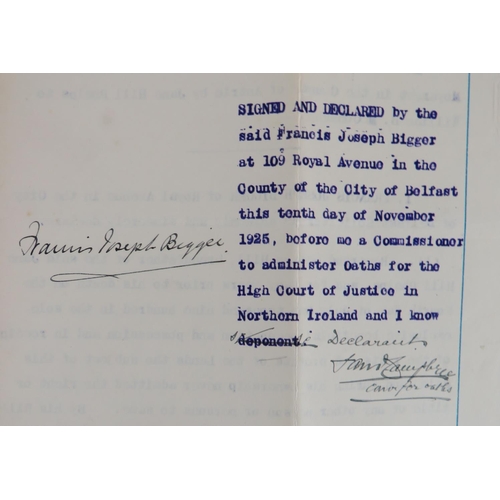 605 - Antrim Interest. Typescript legal declaration Signed  by Francis Joseph Bigger of Belfast, Solicitor... 