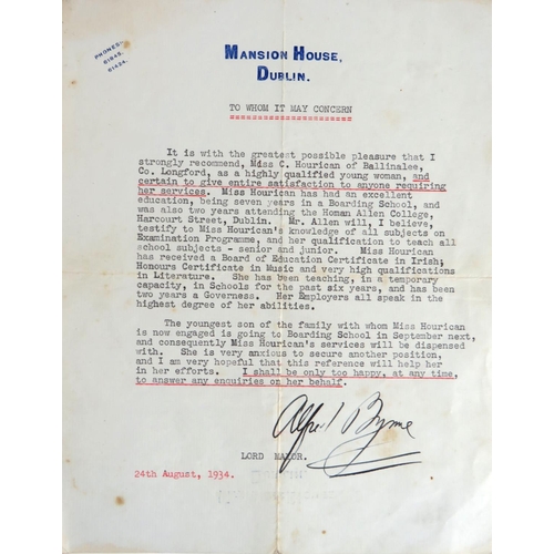 623 - Byrne (Alfred, Lord Mayor of Dublin) An enthusiastic Signed typescript testimonial on Mansion House ... 