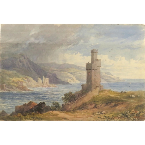 654 - Maria Gastineau (fl. 1865-1890)'View in County Antrim,' watercolour Coastal View with Castellated To... 