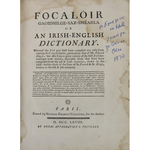 66 - [O'Brien] Focaloir Gaoidhilge - Sax- Bearla, or An Irish-English Dictionary, 4to Paris 176... 