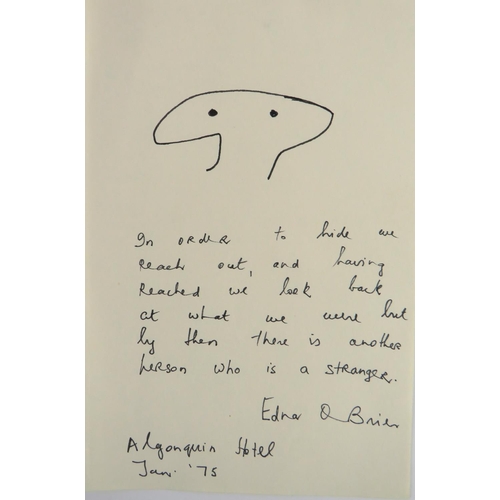 685 - O'Brien (Edna) A Manuscript Note, & drawing, 'Self-Portrait,' Signed  by author, and dated Jan. ... 