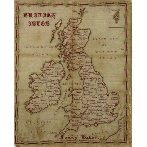 83 - A large Sampler Map, of the British Isles, late 19th Century, by Fanny Baker, aged 15 years, in red ... 