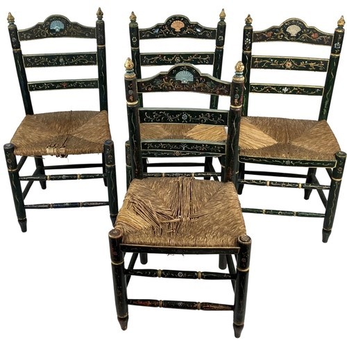 59 - An unusual set of 4 hand painted Provincial ladder back Chairs, each with straw seat on turned legs,... 