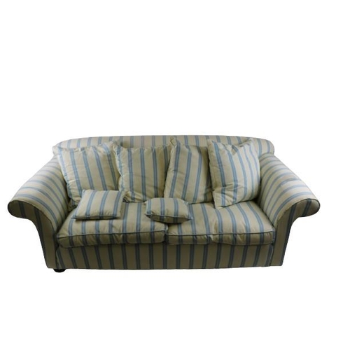 119 - A Parker Knoll type oversized two seater Couch, covered in cream and blue stripe loose fabric with m... 