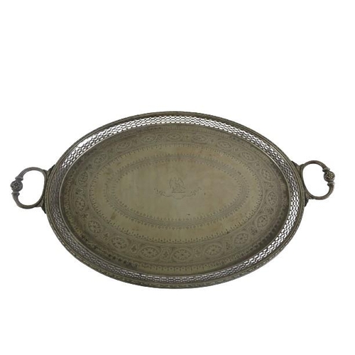 132 - A silver plated crested two handled Serving Tray, with etched and pierced design, the centre crested... 