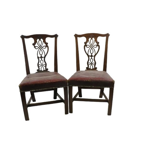 91 - A set of 6 mahogany Chippendale style Dining Chairs, with ornate splat back (some damage)covered wit... 