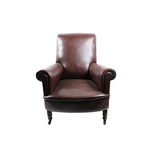 97 - A Victorian oak framed Easy Armchair, the shaped back over bulbous arms on front turned legs, covere... 