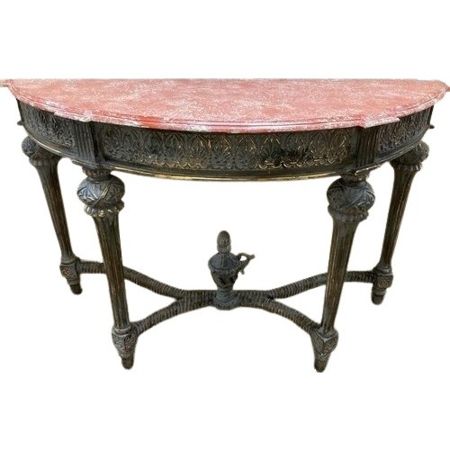 5 - A pair of Louis XV style demi-lune Console Tables, the shaped tops with assimilated rouge marble ove... 