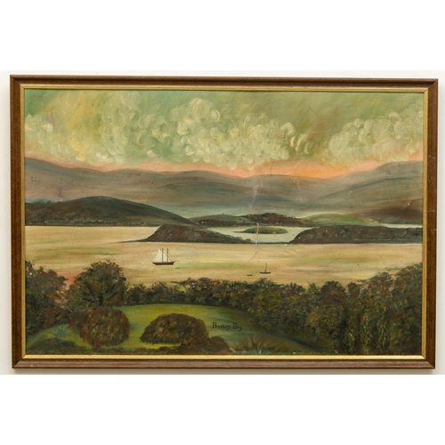 397 - 19th Century Naïve Irish School “View of Bantry Bay from Bantry House”, oils on board, Seascape with... 