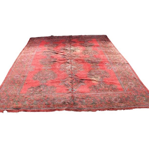 415 - A large Oriental design woollen Carpet, probably Donegal, on overall red ground with floral geometri... 