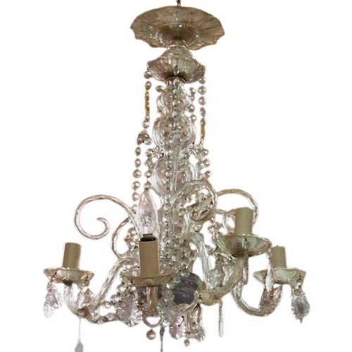 431 - A 19th Century Continental 'Murano' type five branch glass Chandelier, with scroll arms and droplets... 