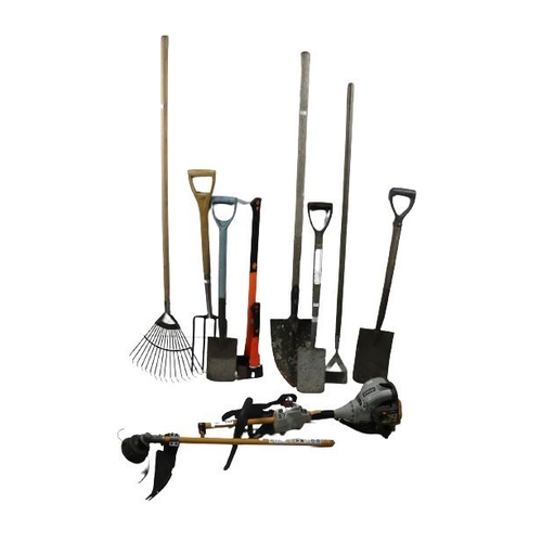 412 - Garden Tools: A collection of varied Implements including: a large and small Hatchet, a Rake, three ... 