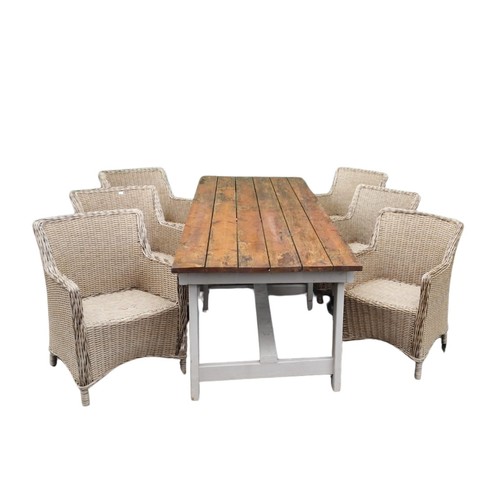 432 - A set of 6 wicker work Outdoor Garden Patio Armchairs, with a large refectory table, painted, approx... 