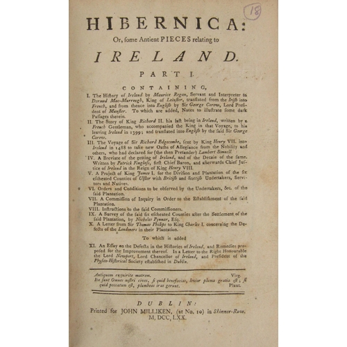 297 - [Harris (Walter)] Hibernica: or, Some Ancient Pieces relating to Ireland, In Two Parts, 8vo Dublin 1... 