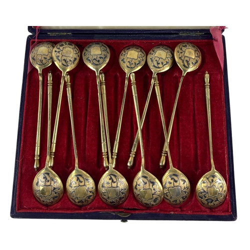 17 - A set of 12 fine Russian Imperial Niello work and silver gilt Caviar Spoons, makers mark B.C. 84, 18... 