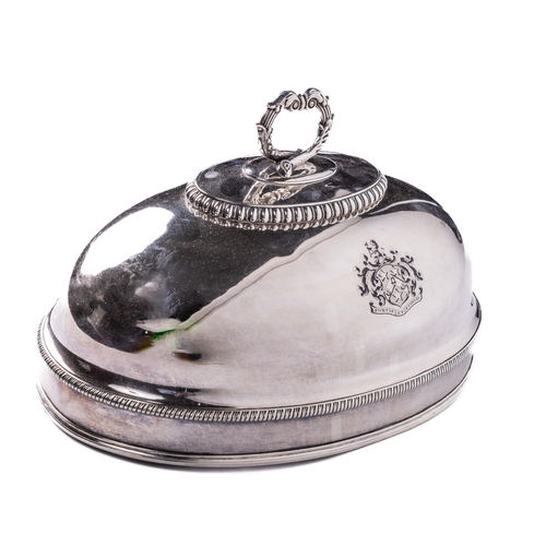 60 - A fine quality silver plated and crested domed oval Dish Cover, with scroll handle, egg n' dart moul... 