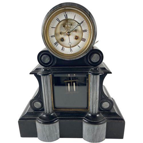 556 - A heavy polished grey and black limestone Mantle Clock, France c. 1900, the movement by J. Marti #22... 