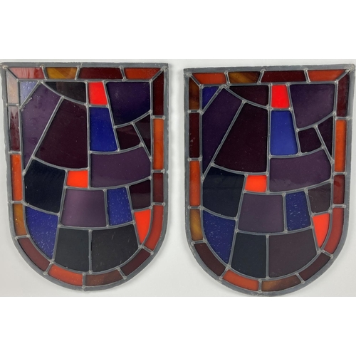 704 - A good pair of arch top leaded and coloured stain glass Panels, 55cms x 38cms (21 1/2'' x 15''). (2)... 