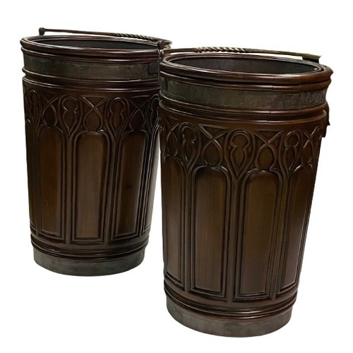 846 - A pair of Georgian Gothic style mahogany oversized Peat Buckets, with twisted and hinged handles, re... 