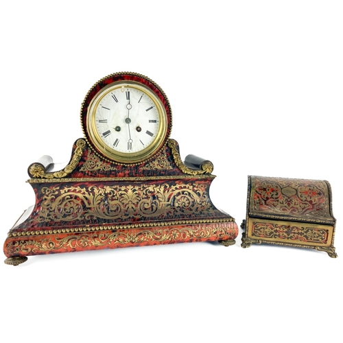 1051 - A 19th Century boulle Mantle Clock, the circular enamel dial with Roman numerals over a concave rect... 