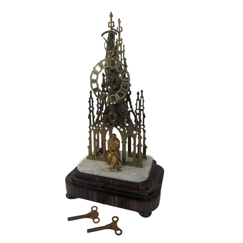 1076 - A Victorian brass 'Sir Walter Scott' Memorial Skeleton Clock, with central spire, crochets and an an... 