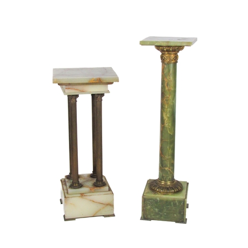 1091 - A 20th Century onyx marble Plinth Pillar, the square top supported by four brass Corinthian capital ... 