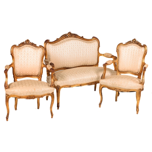 1094 - A French style five piece giltwood Parlour Suite, comprising a two seater Settee, a pair of Armchair... 