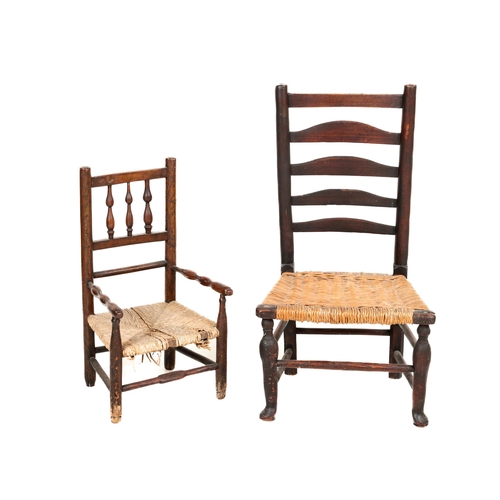 1098 - A 19th Century Irish 'Sugan' ladder back Low Chair, with cane work seat on front turned legs and str... 