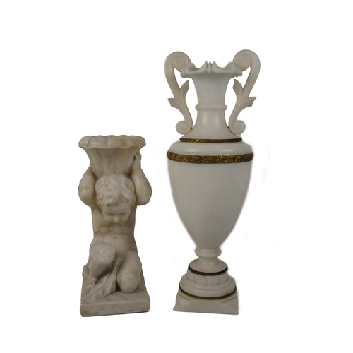 1115 - A tall Grecian style two handled alabaster Urn, with ormolu banding on a stepped base, approx. 53cms... 