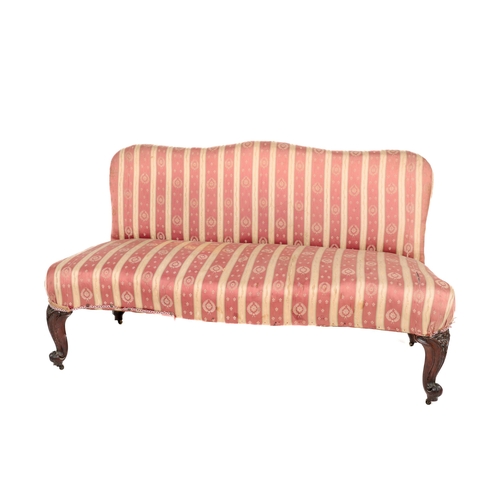 1133 - A Victorian mahogany framed humpback Couch or Window Seat, covered in Regency stripe fabric on front... 