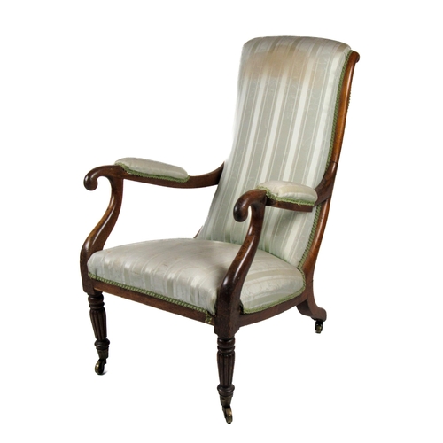 1148 - A large early 19th Century mahogany tall back reclining Armchair, upholstered in striped material, o... 