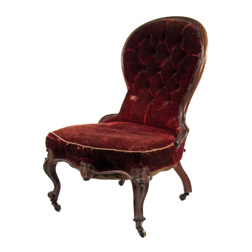 1151 - An early Victorian rosewood Nursery Chair, with deep buttoned back, and carved cabriole legs. (1)Pro... 