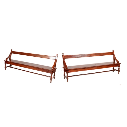 1161 - A pair of 19th Century pitch pine Benches, with open back, solid seats on turned front legs, united,... 