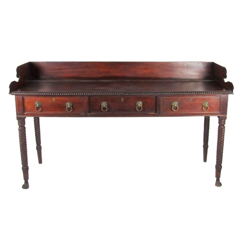 1163 - A William IV Nelson type mahogany Serving Table, the gallery back with scroll side over a rope edge,... 