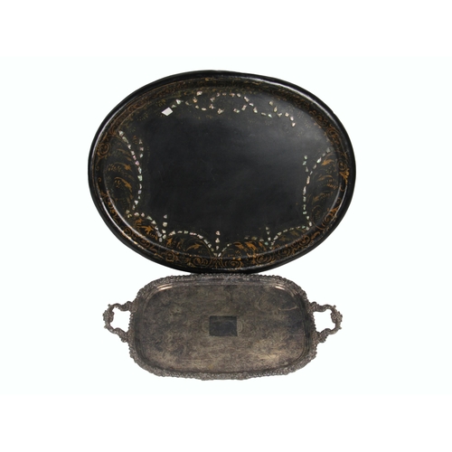 1165 - Trays:  A heavy early 19th Century silver plated two handled Tray, with embossed and engraved decora... 