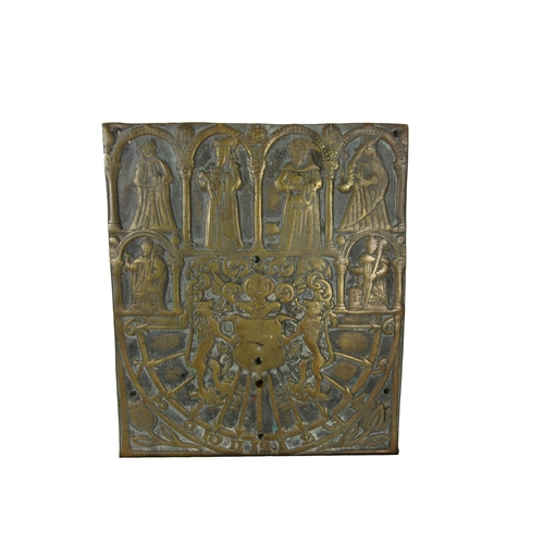 1169 - An antique heavy brass Sundial, of square format decorated with medieval type figures, and a central... 