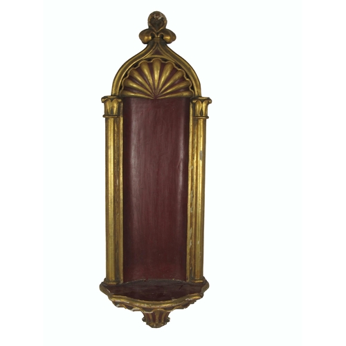 1175 - A tall carved antique giltwood Wall Niche, with painted background, in rust red and underneath shelf... 